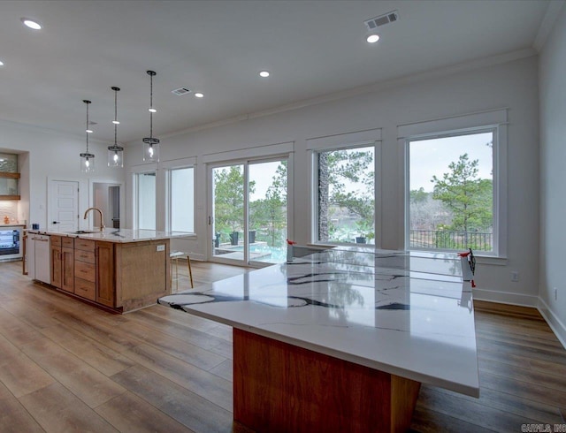 kitchen with visible vents, light wood finished floors, a large island with sink, ornamental molding, and dishwasher