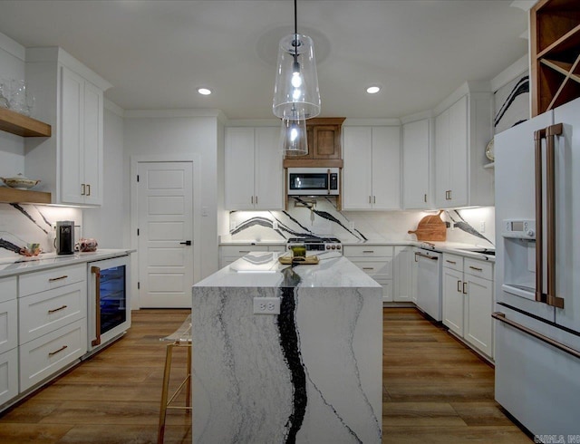 kitchen featuring open shelves, white appliances, beverage cooler, and dark wood finished floors
