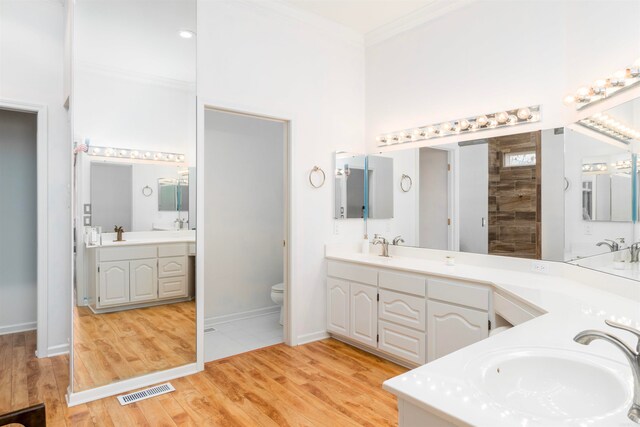 bathroom featuring visible vents, ornamental molding, two vanities, and a sink