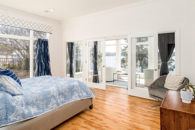 bedroom with multiple windows, crown molding, and access to outside