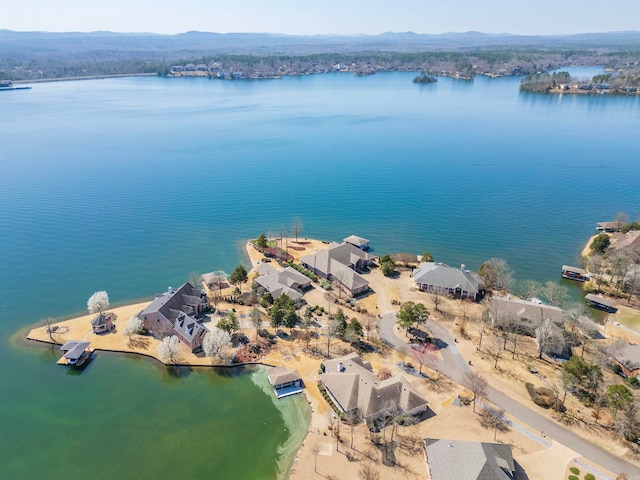 drone / aerial view featuring a water and mountain view