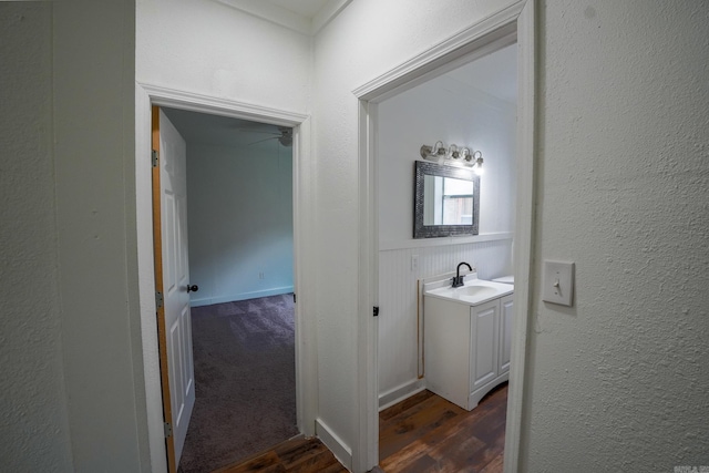 bathroom featuring vanity, wood finished floors, and a textured wall