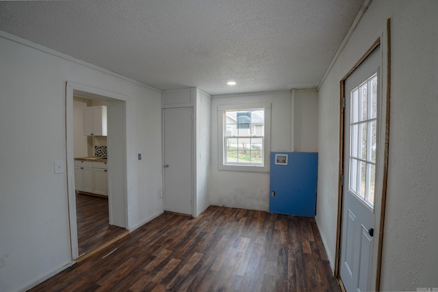 spare room with a textured ceiling, ornamental molding, and dark wood-style flooring