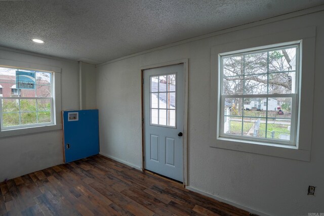 doorway to outside featuring a textured ceiling, a textured wall, and dark wood-style flooring