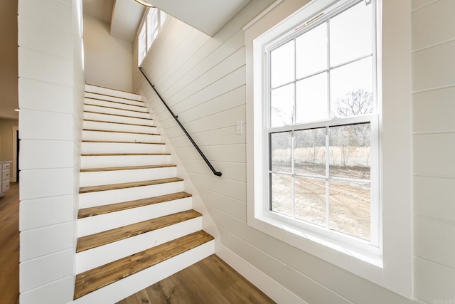 stairs featuring wooden walls and wood finished floors