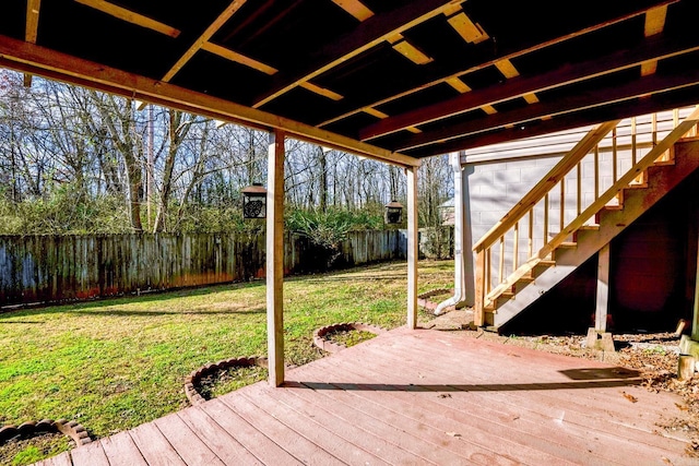 wooden deck featuring a yard, a fenced backyard, and stairs