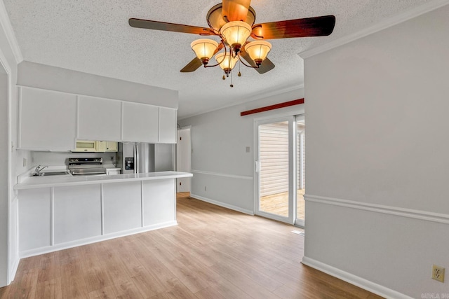 kitchen with a peninsula, light wood-style flooring, ceiling fan, a sink, and stainless steel appliances