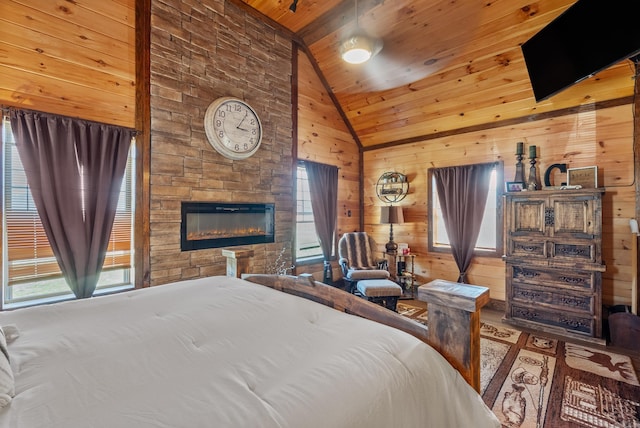 unfurnished bedroom with high vaulted ceiling, wooden walls, wood ceiling, and a fireplace