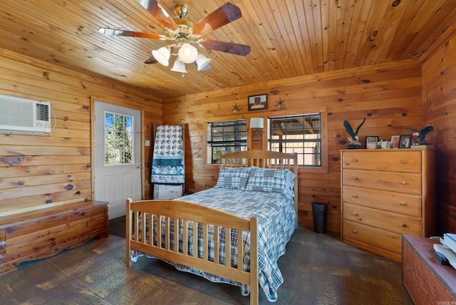 carpeted bedroom with wooden walls, wood ceiling, and a wall unit AC