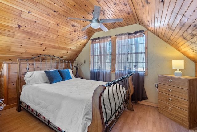 bedroom with ceiling fan, wood ceiling, lofted ceiling, and wood finished floors