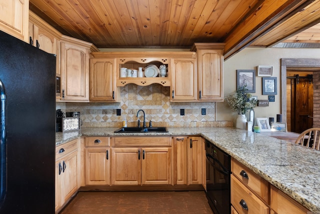 kitchen with a sink, backsplash, black appliances, and wooden ceiling