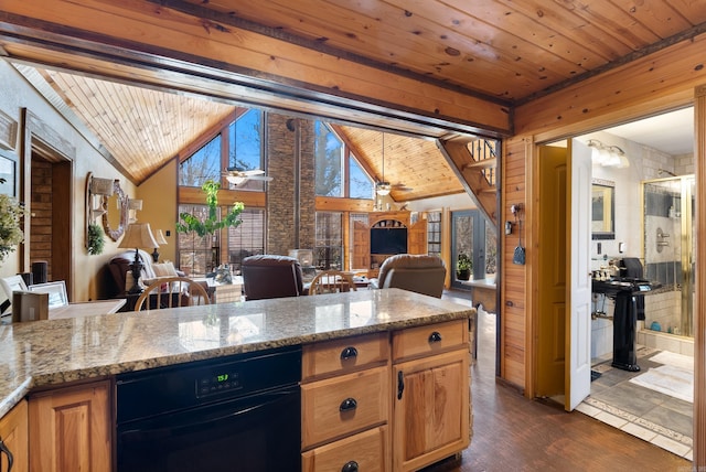 kitchen with light stone countertops, wood ceiling, open floor plan, and dark wood finished floors