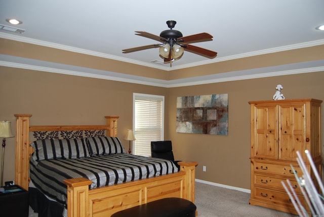 bedroom with visible vents, baseboards, light colored carpet, and crown molding