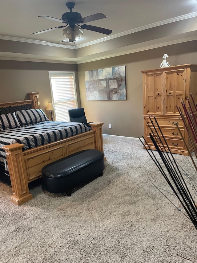 bedroom featuring ceiling fan, light colored carpet, baseboards, and ornamental molding