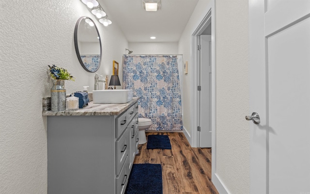 full bathroom featuring vanity, a shower with curtain, wood finished floors, baseboards, and toilet