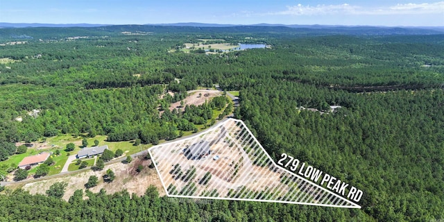 aerial view featuring a forest view and a water and mountain view