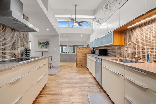 kitchen with electric cooktop, a ceiling fan, a sink, light wood-style floors, and wall chimney range hood