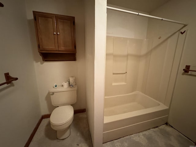 bathroom featuring baseboards, unfinished concrete floors, toilet, and walk in shower