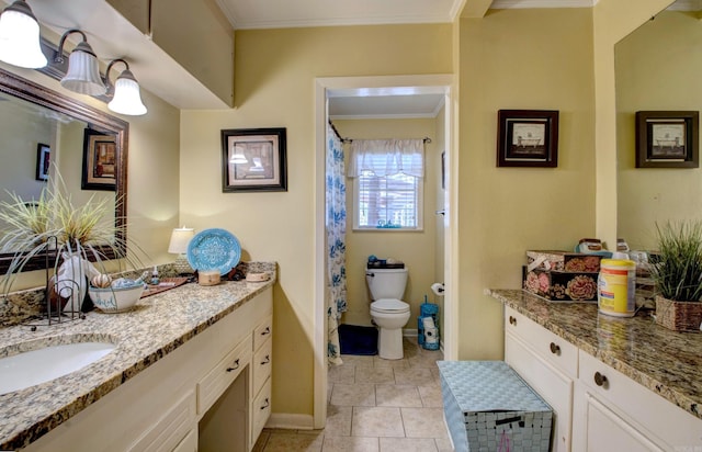 106 Pine Forest Ln, Fordyce, AR 71742 - full bathroom with tile patterned floors, toilet, crown molding, baseboards, and vanity