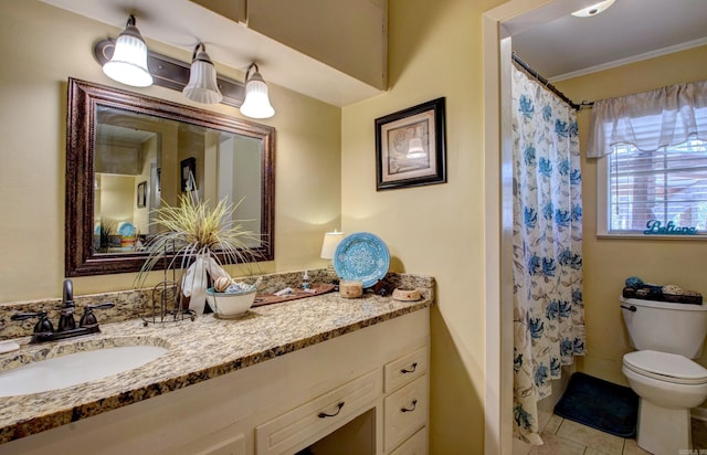 106 Pine Forest Ln, Fordyce, AR 71742 - bathroom with vanity, tile patterned floors, toilet, and crown molding
