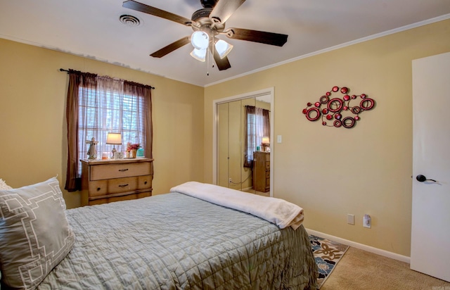 106 Pine Forest Ln, Fordyce, AR 71742 - bedroom featuring a ceiling fan, visible vents, baseboards, crown molding, and carpet flooring