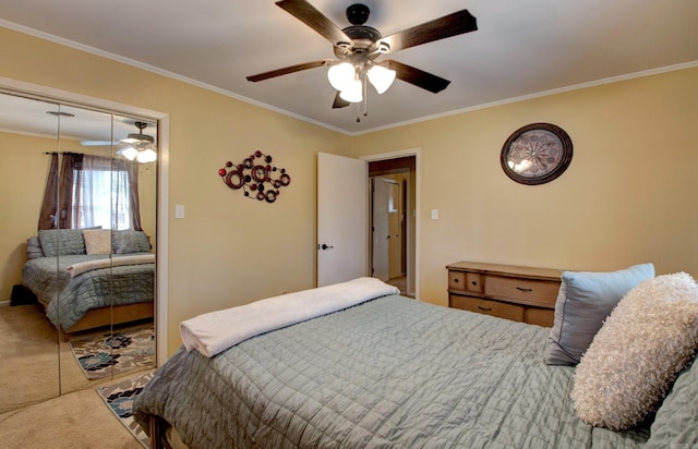 106 Pine Forest Ln, Fordyce, AR 71742 - bedroom featuring ceiling fan, carpet, a closet, and ornamental molding