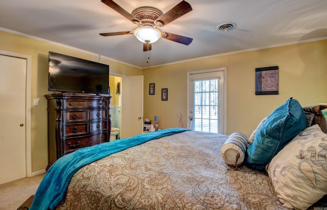 106 Pine Forest Ln, Fordyce, AR 71742 - carpeted bedroom featuring visible vents, ornamental molding, and a ceiling fan