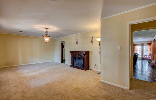 106 Pine Forest Ln, Fordyce, AR 71742 - unfurnished living room featuring baseboards, carpet floors, ornamental molding, and a fireplace