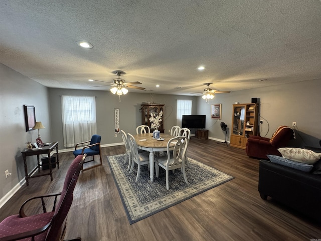 700 Thompson St, Mcgehee, AR 71654 - dining area featuring a ceiling fan, a textured ceiling, dark wood-style floors, recessed lighting, and baseboards