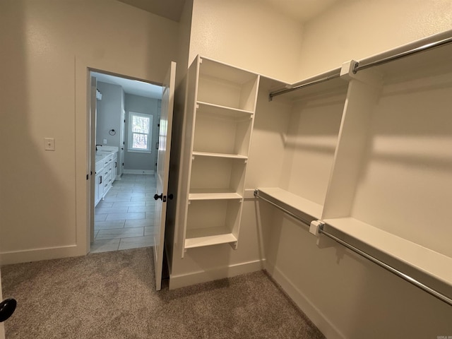 walk in closet featuring dark colored carpet