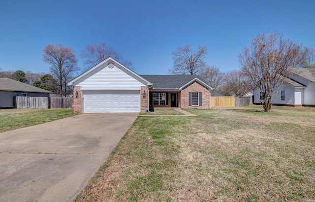 ranch-style home with brick siding, fence, concrete driveway, a front yard, and an attached garage