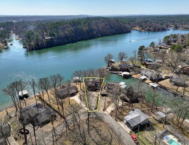 drone / aerial view featuring a water view and a wooded view