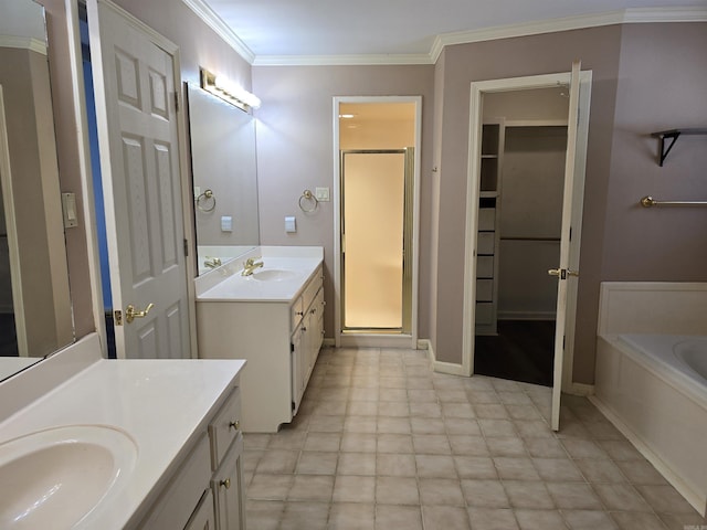 full bath featuring a sink, two vanities, a shower stall, and crown molding