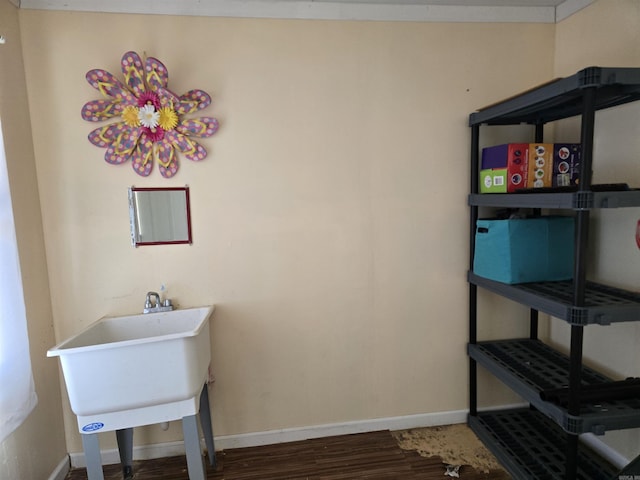 interior space featuring a sink, baseboards, and wood finished floors