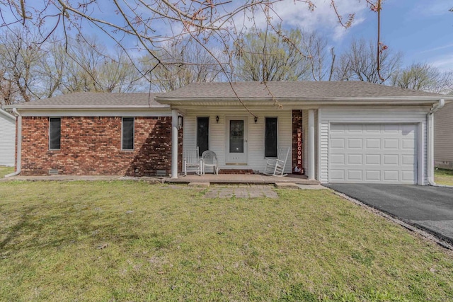 ranch-style house featuring a front yard, driveway, an attached garage, covered porch, and brick siding