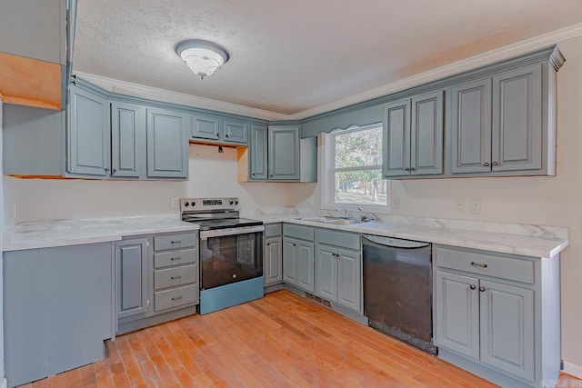kitchen with gray cabinets, a sink, light wood-style floors, stainless steel electric range, and dishwashing machine