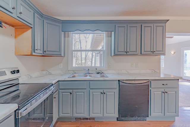 kitchen with dishwashing machine, gray cabinets, a sink, stainless steel range with electric stovetop, and crown molding