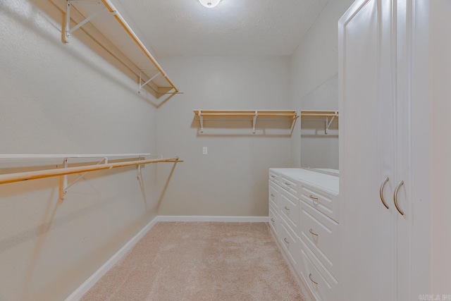 spacious closet featuring light colored carpet