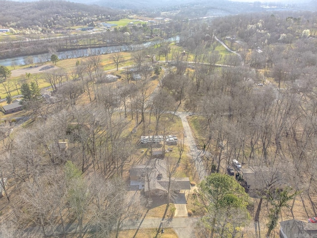 drone / aerial view with a view of trees and a water view