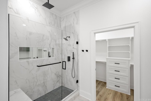 13505 Alexander Rd, Alexander, AR 72002 - full bath with wood finished floors, a marble finish shower, crown molding, baseboards, and a spacious closet