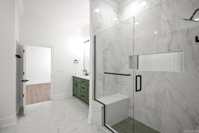 13505 Alexander Rd, Alexander, AR 72002 - full bath featuring a marble finish shower, crown molding, baseboards, marble finish floor, and vanity