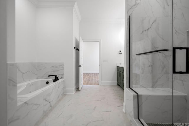 13505 Alexander Rd, Alexander, AR 72002 - full bath featuring a garden tub, marble finish floor, ornamental molding, a marble finish shower, and vanity