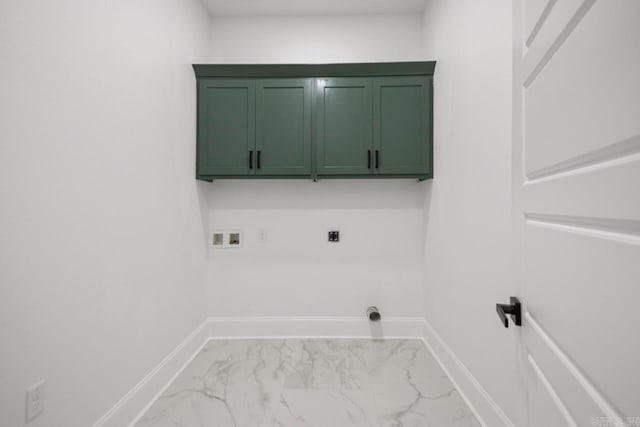 13505 Alexander Rd, Alexander, AR 72002 - washroom featuring hookup for a washing machine, baseboards, cabinet space, electric dryer hookup, and marble finish floor