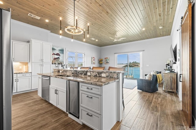 1601 Marion Anderson Rd, Hot Springs, AR 71913 - kitchen with crown molding, wood ceiling, visible vents, and a sink