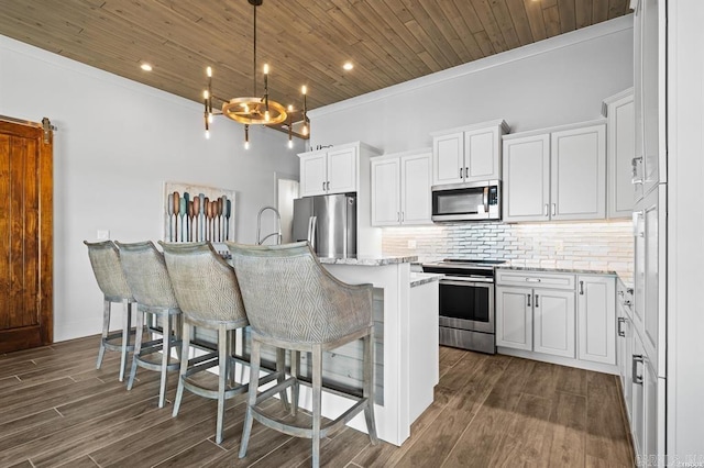 1601 Marion Anderson Rd, Hot Springs, AR 71913 - kitchen featuring tasteful backsplash, a center island with sink, wood ceiling, ornamental molding, and appliances with stainless steel finishes