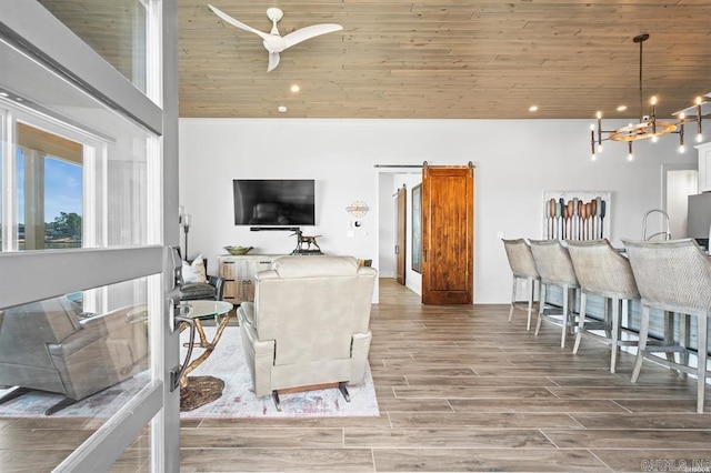 1601 Marion Anderson Rd, Hot Springs, AR 71913 - living room featuring wood finish floors, a chandelier, wood ceiling, vaulted ceiling, and recessed lighting