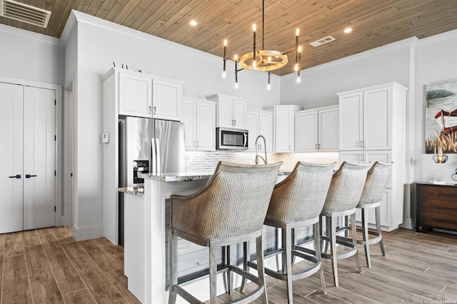 1601 Marion Anderson Rd, Hot Springs, AR 71913 - kitchen featuring wooden ceiling, visible vents, backsplash, and stainless steel appliances