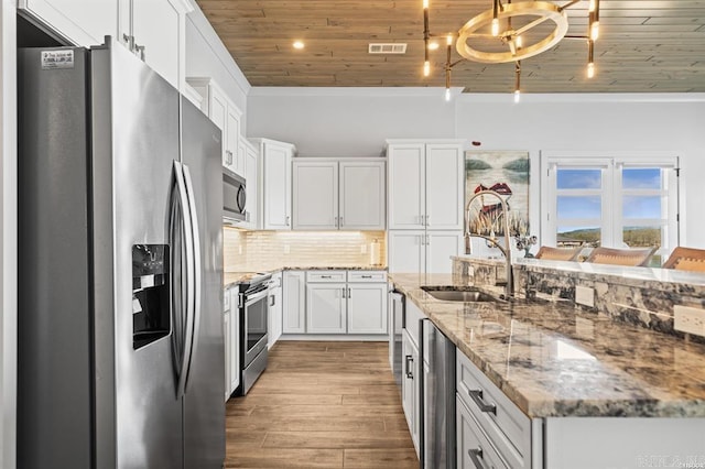 1601 Marion Anderson Rd, Hot Springs, AR 71913 - kitchen with wood finished floors, stainless steel appliances, white cabinets, wooden ceiling, and backsplash