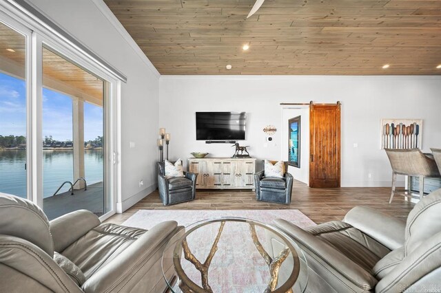 1601 Marion Anderson Rd, Hot Springs, AR 71913 - living area featuring ornamental molding, wood finished floors, recessed lighting, baseboards, and wood ceiling
