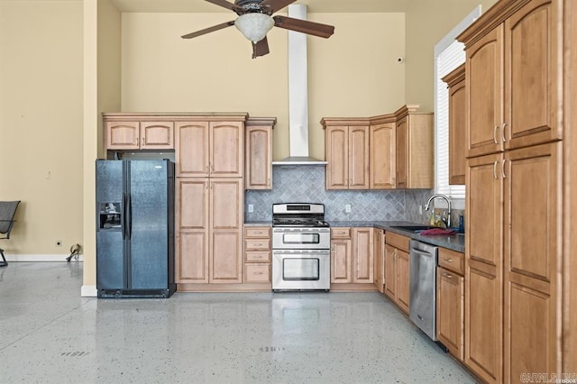 1601 Marion Anderson Rd, Hot Springs, AR 71913 - kitchen featuring dark countertops, tasteful backsplash, appliances with stainless steel finishes, a ceiling fan, and a sink